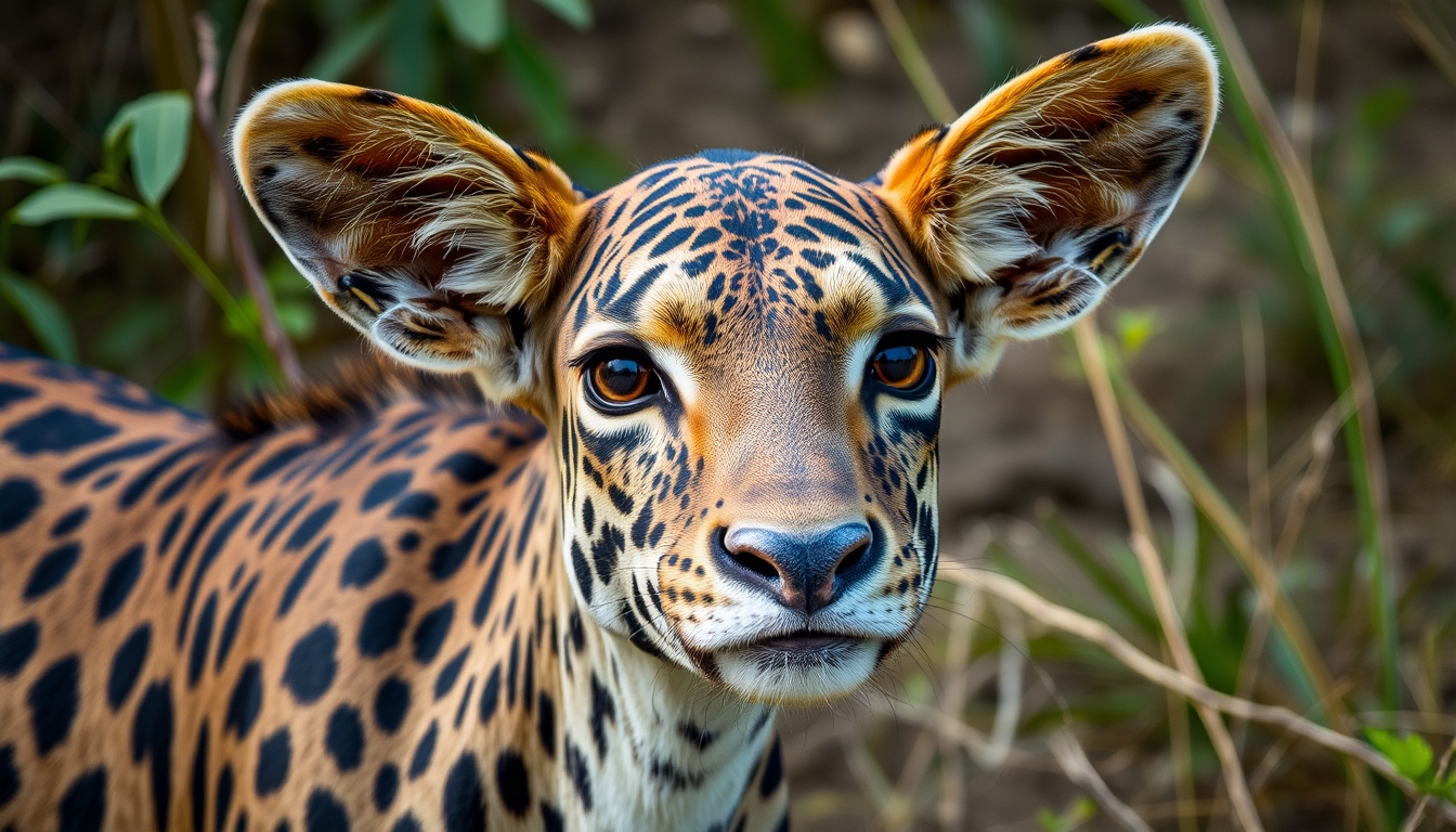 A stunning portrait of an endangered animal in its natural habitat, with a focus on its expressive eyes and the surrounding environment. - Image