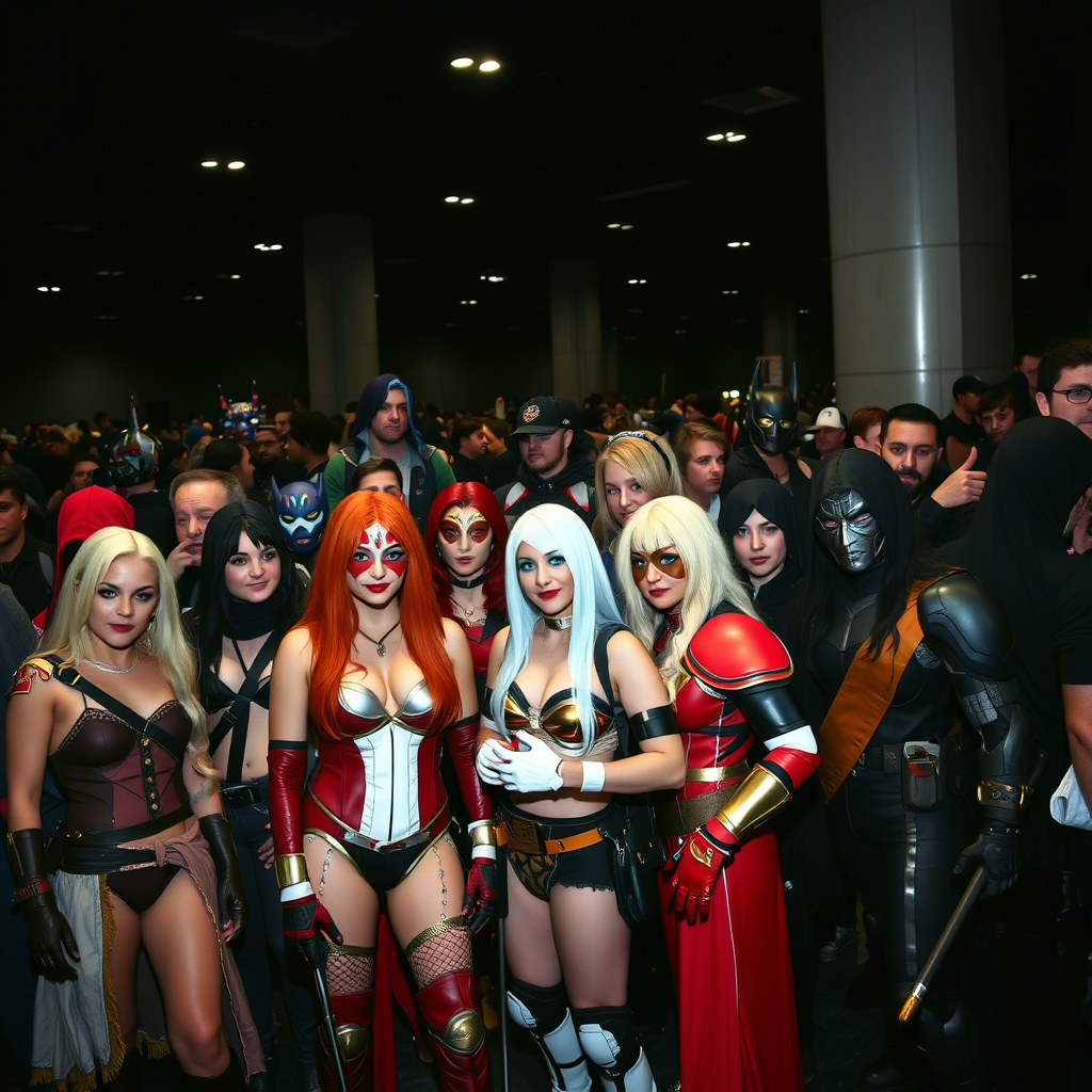 Comic Con group photo, lots of different cosplays, shot on Sony Alpha, dark moody aesthetic.