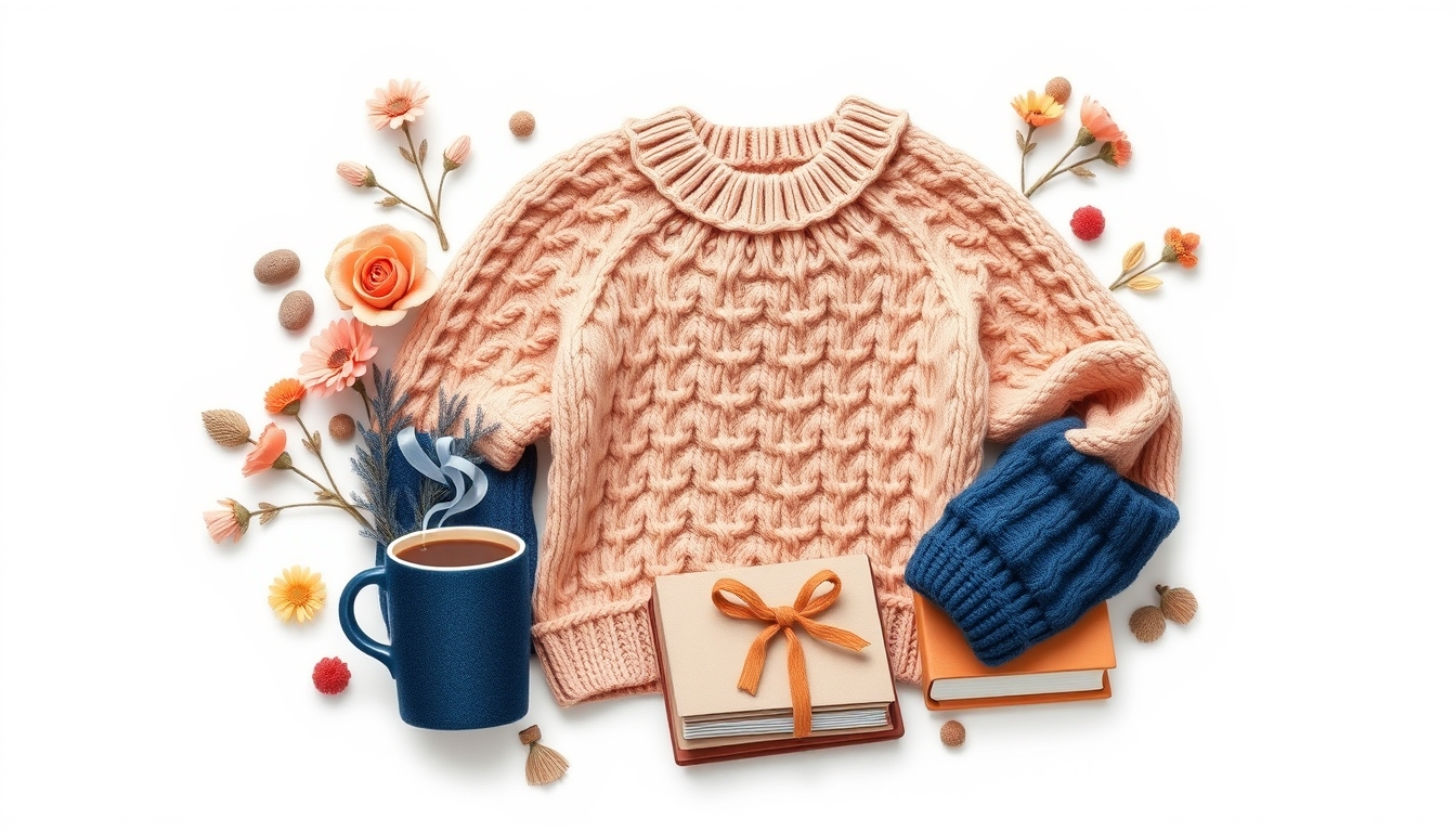 cozy-themed items, floral items, a detailed knit sweater, steaming mug, books, all arranged and isolated on a white background, peachy, navy and coordinating colors, trending cozy style, Folk art, 2d, icons, trending junk journal style, sticker art, hyper-realistic, high quality