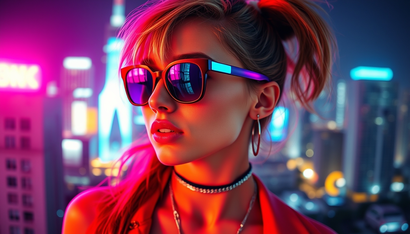 A stylized portrait of a young woman in 80s-inspired fashion, neon lights reflecting off her sunglasses, with a vibrant cityscape in the background.