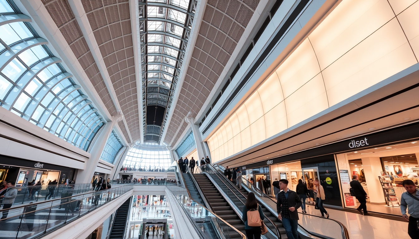 A futuristic shopping mall with glass ceilings and escalators, filled with shoppers. - Image