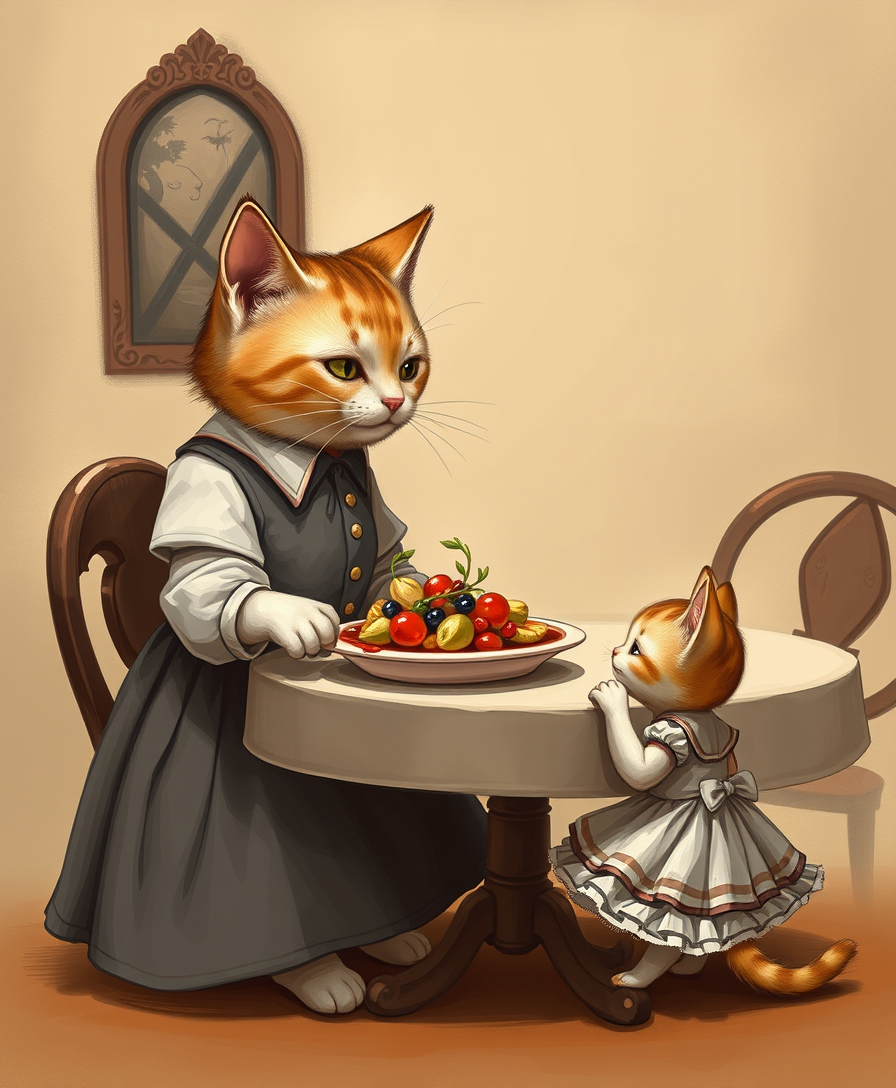 An anthropomorphic cat dressed in a dress serves an appetizing dish. An anthropomorphic cat, dressed in a shirt, sits at a table and looks lovingly at the cat. A small anthropomorphic kitten in a dress is sitting at the table and waiting for dinner. - Image