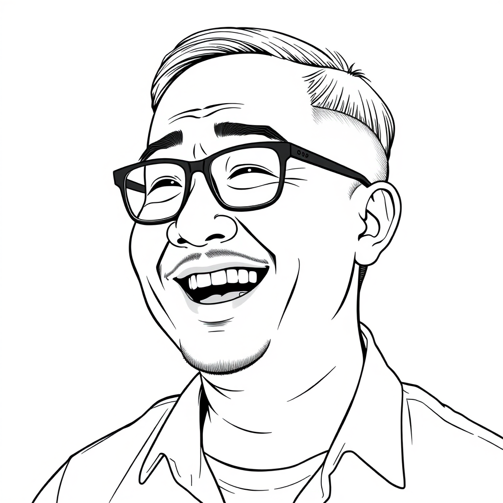 A cool black and white line drawing of a man around 35 years old, with short flat hair, Asian descent, wearing black narrow-framed glasses, a slightly short beard on his chin, in a shirt, a full face, clean and fresh skin, slightly overweight, laughing heartily. - Image