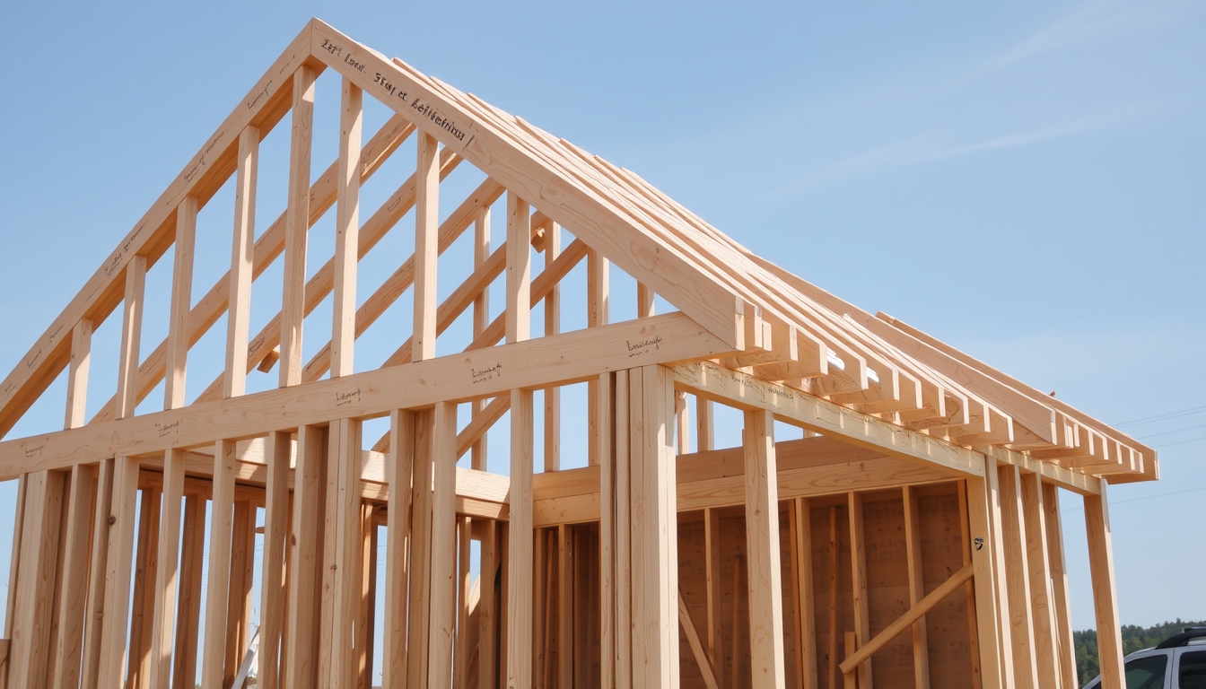 The wooden frame of a house under construction.