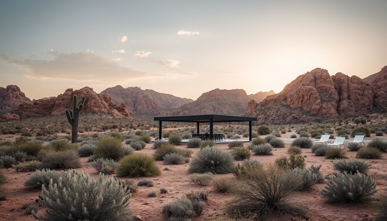 A dramatic desert landscape with a glass pavilion offering shade and shelter.