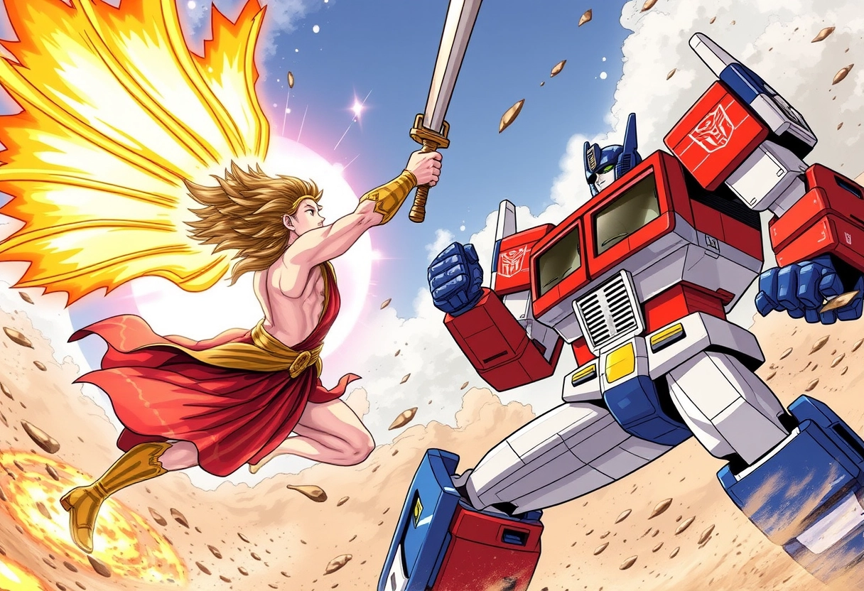 "Sun Wukong battles Optimus Prime."