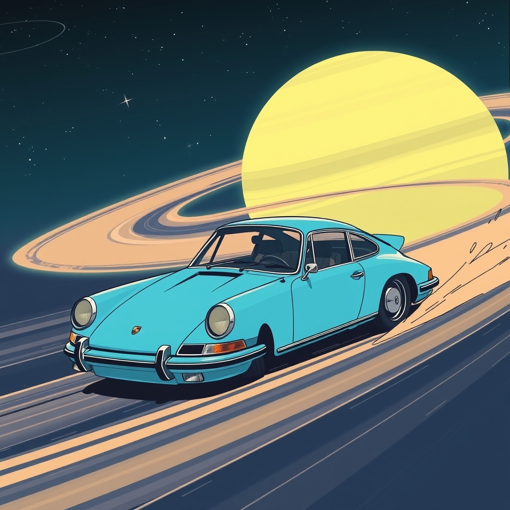 Scene in the style of vintage anime depicting an old light blue Porsche 911 drifting across Saturn's rings with stars in the background.