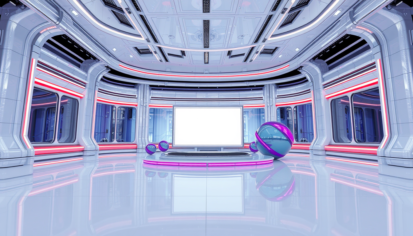 An eye-level, wide-angle shot of an empty fantasy, futuristic, and alien virtual TV studio that features horizontally and vertically curved structures covered in white metallic reflective material. There are no people in it, only a stage, a massive TV screen with white metallic frames, and many transparent glass partitions. In the background, there are a few spherical blue and purple objects with reflective, metallic surfaces that resemble large, smooth capsules. These objects are positioned on a sleek, ultra-white shiny floor that reflects their surfaces. The focus is on the sleek horizontally and vertically curved architecture covered in white metallic reflective material, the stage, and the TV stand. - Image