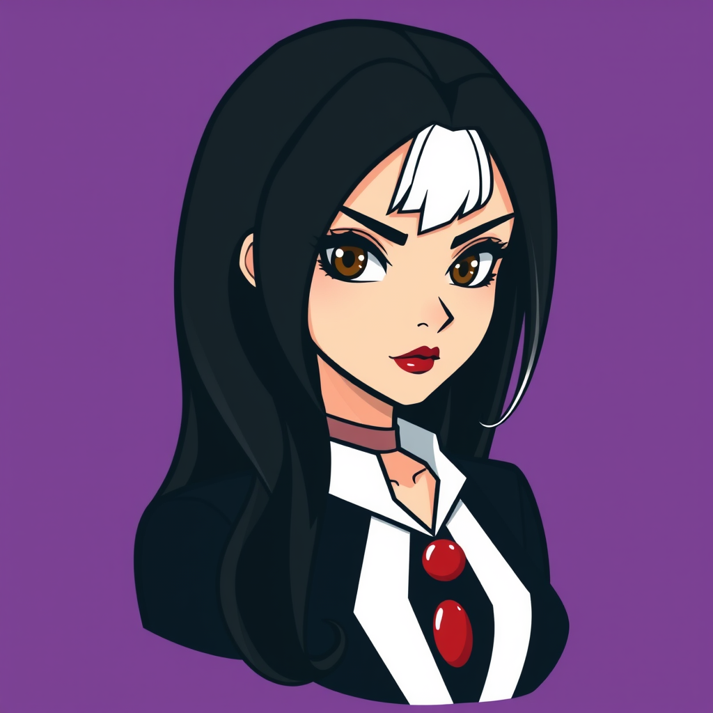 A basic simple vector logo of a beautiful female character with hazel brown eyes, long, dark black hair with white front strands, wearing a black and white outfit with a red pendant necklace, and a serious face with red lipstick, on a purple background.