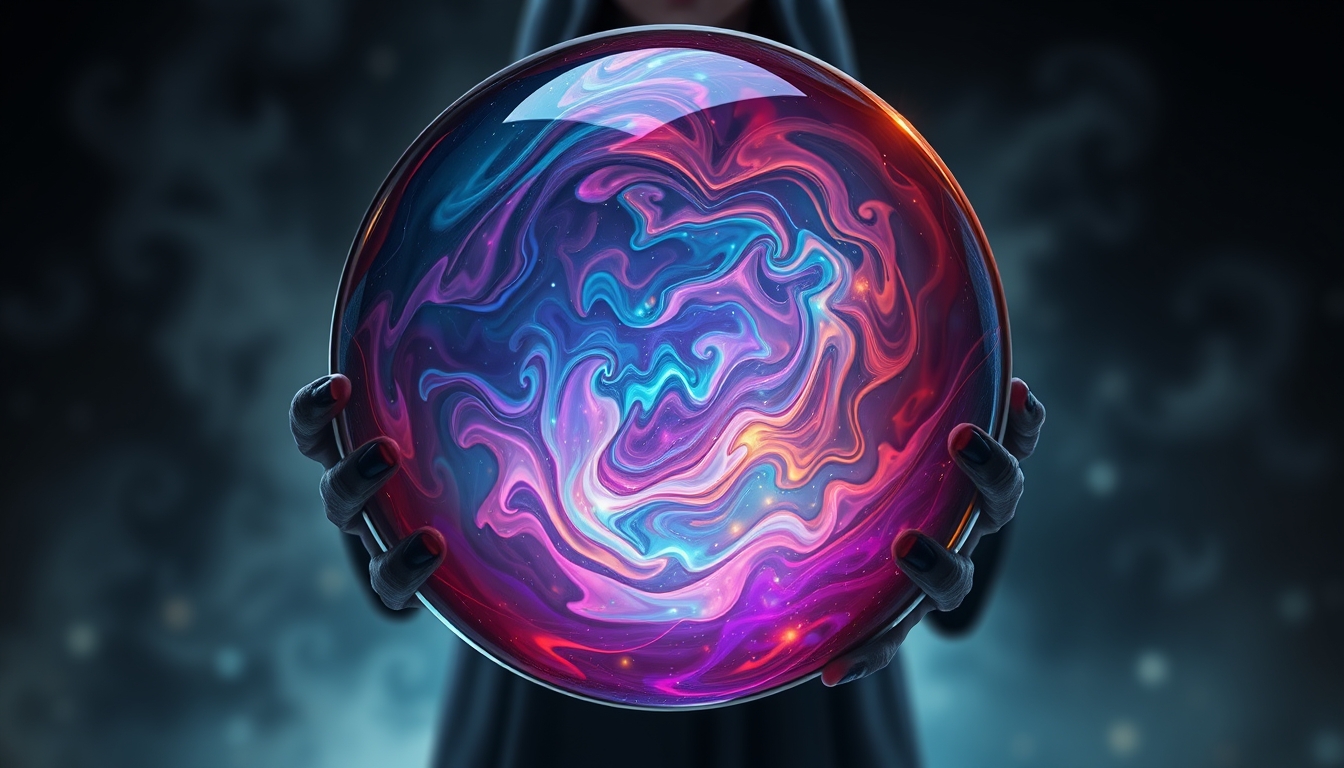 A mystical glass orb with swirling, ethereal colors inside, held by a wizard.