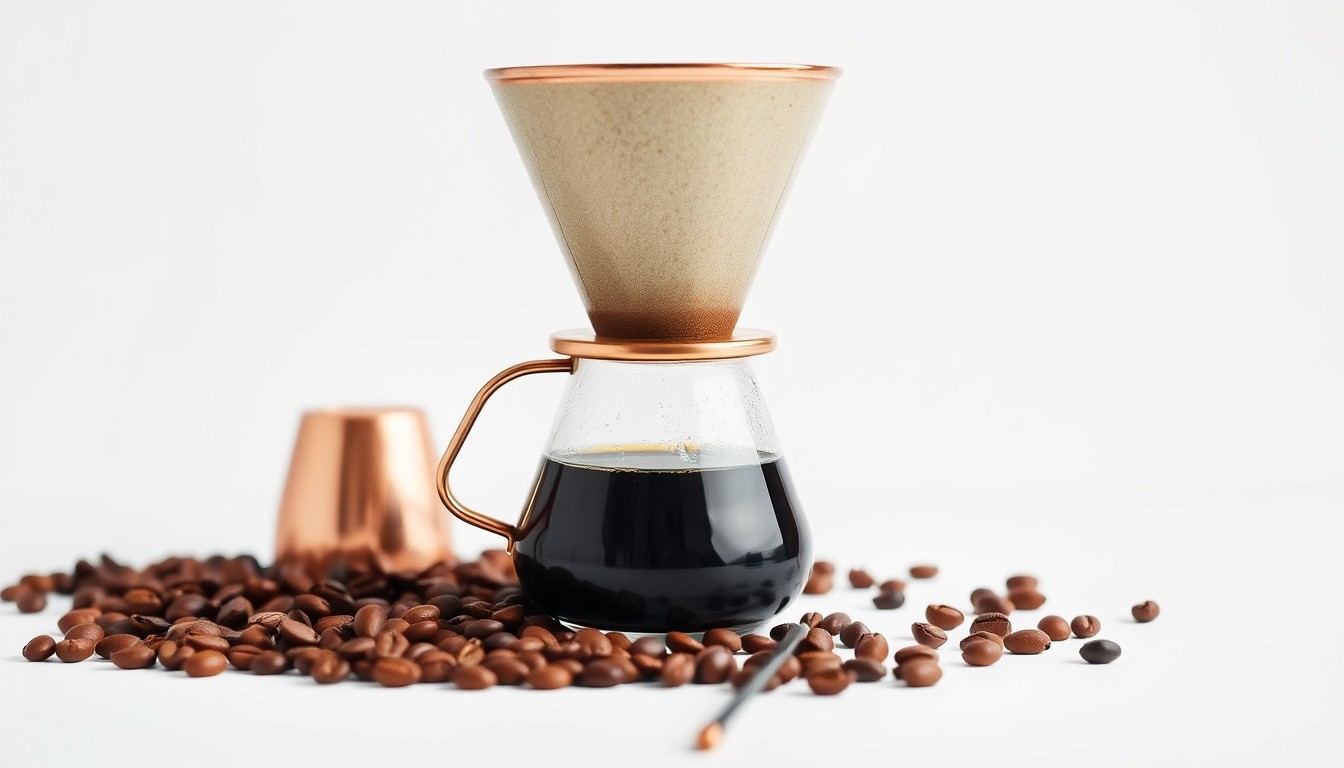 Copper pour-over coffee setup with beans, minimalist white background.