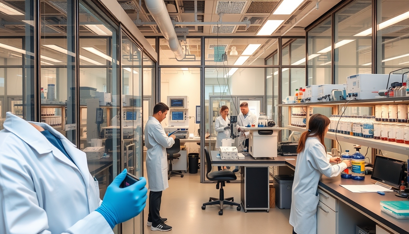 A high-tech laboratory with glass walls and advanced equipment, scientists at work.