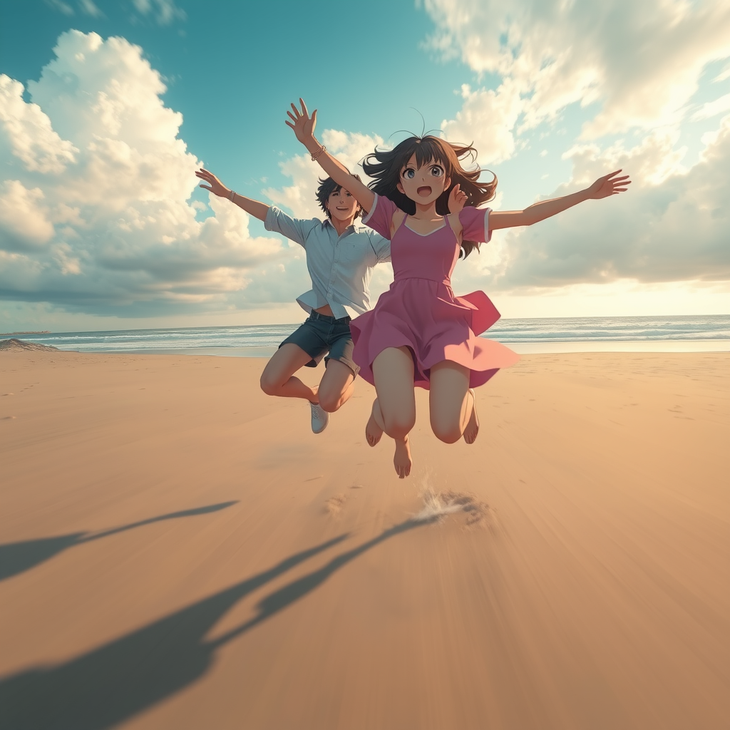 Super Slow Motion Shot of an anime couple jumping on the beach moving towards the camera, anime style.