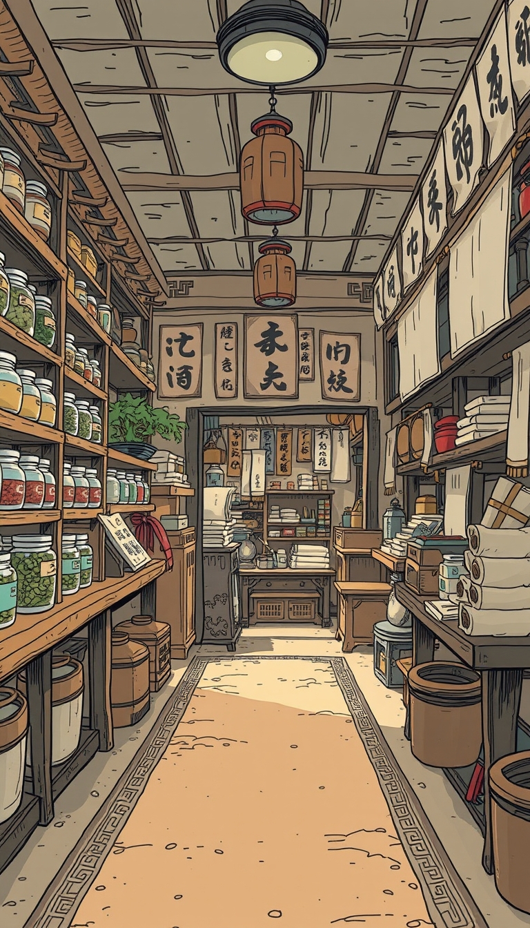 A rescue scene inside an ancient Chinese shop filled with herbs, fabrics, and antiques. Wooden shelves display jars of herbs and bolts of fabric. The floor has a simple carpet, and ancient decorations hang on the walls. The scene is depicted in 8K resolution with a flat comic sketch style, graphic novel aesthetic, 2D effects, and a drab painting style, emphasizing the atmosphere of the ancient shop and the urgency of the situation. - Image