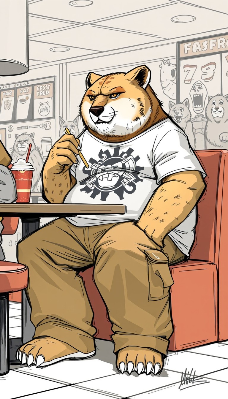 digital art sketch, anthropomorphic fat Bear Cougar hybrid, big wide tan cargo pants, large fantasy graphic T-shirt, wide waist overhang, sitting at a booth table, eating at a fantasy fast food restaurant, Anthropomorphic animals in background - Image