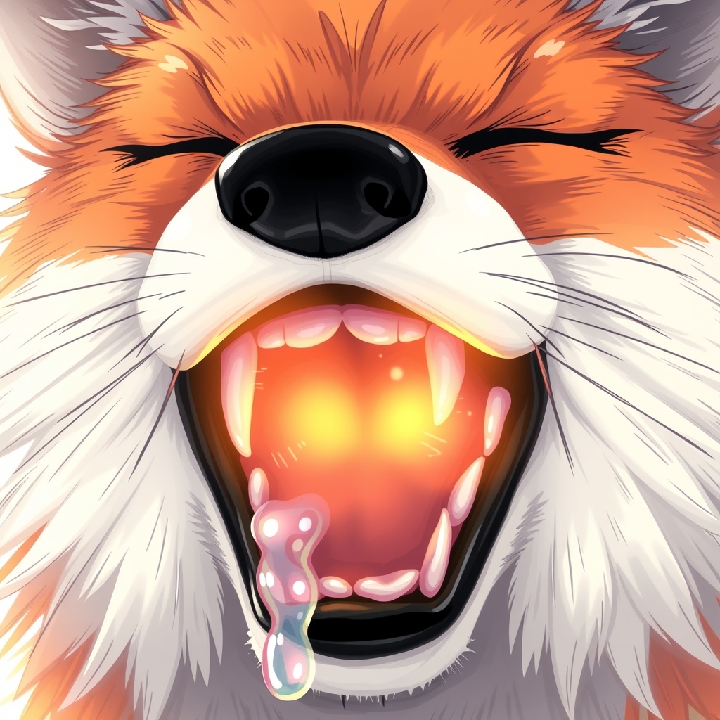 Furry art style, anime art style, draw the details of the fox's mouth, details of the throat, the throat should be bright, details of the teeth, details of the saliva, the whole mouth is filled with it.