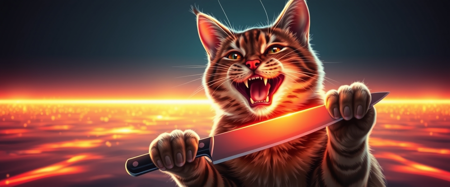 "I want a snack," action-packed grin smile cat with knife in hand, reflecting in glow neon edge, glowing, sparks horizon, detailed mirroring horizon reflecting polychromic space, straight lines, winning award digital art, high detailed.