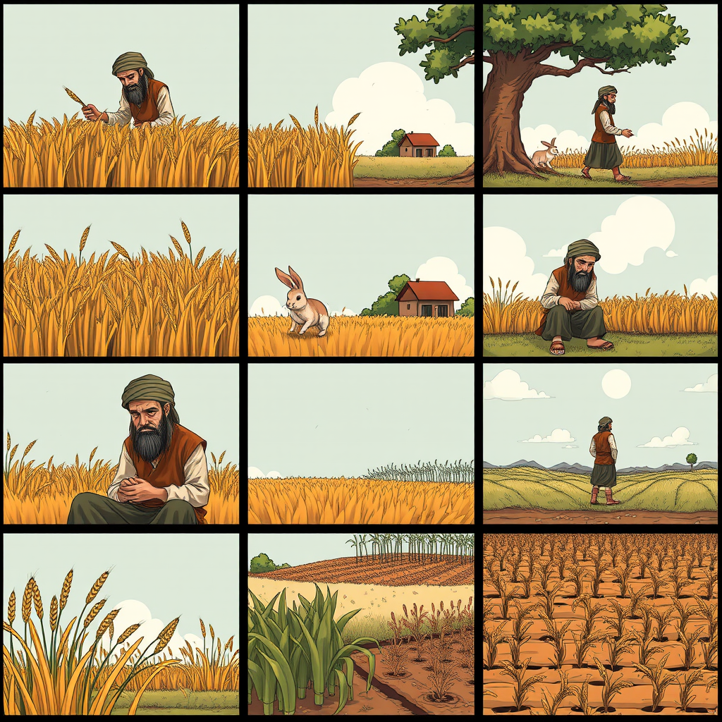 The image style is "cyberpunk," featuring an ancient farmer in a nine grid. The characters in each scene will all use the same farmer, ensuring that the face shape and clothing remain consistent throughout. In the first panel, the farmer is harvesting wheat. In the second panel, the farmer is sitting under a tree, and a rabbit is rushing to the tree. In the third panel, the farmer is holding a rabbit in his hand. In the fourth panel, the farmer is walking toward a house. In the fifth panel, the farmer sits under the tree. In the sixth panel, the farmer sighs while sitting under the tree. In the seventh panel, the farmer stares blankly at the sky. In the eighth panel, the crops have withered. In the ninth panel, the farmer is planting seeds in the field.