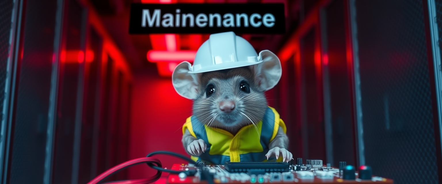 A small mouse with a hard hat and high-visibility vest is repairing a circuit board. The mouse has a serious look in his eyes. The background shows a server room with only red emergency lighting, creating a red ambient light. (Text sign at the top of the image says "Maintenance").