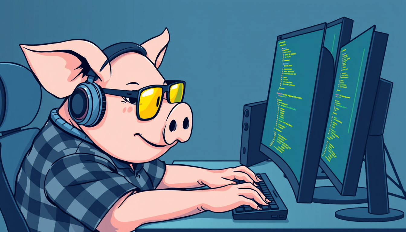 A tech-savvy pig coder, wearing yellow-tinted glasses and sleek noise-cancelling headphones, hunches over a cutting-edge multi-monitor setup. The anthropomorphic pig exudes focus, typing furiously, dressed in a plaid t-shirt. - Image