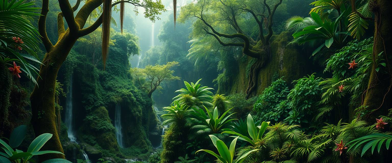 Lush, tropical rainforest, dense foliage, high quality, photorealistic, vibrant, breathtaking, waterfalls, misty, emerald green, ancient trees, hidden trails, tree frogs, vibrant orchids, hanging vines, moss-covered rocks, canopies, wildlife sanctuaries.