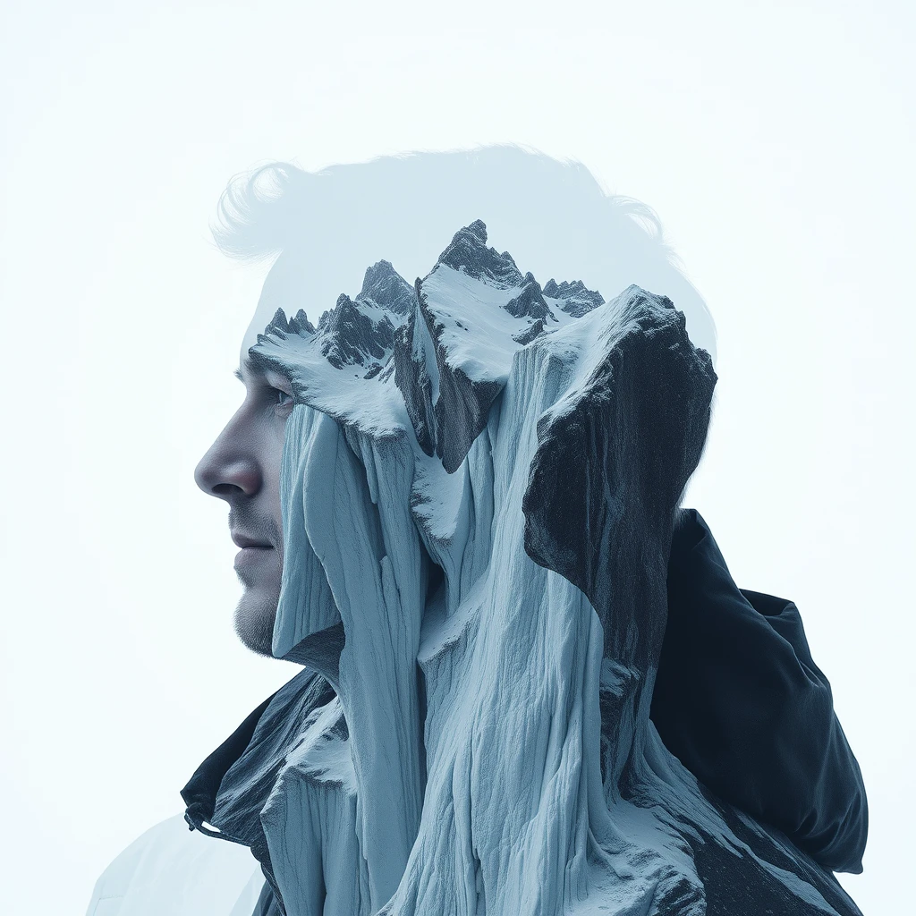 '[Abstract style of covered ice and snow cliffs] within the head profile of [a man], this is a double exposure photo. Non-figurative, colors and shapes, emotional expression, imaginative, very detailed.'