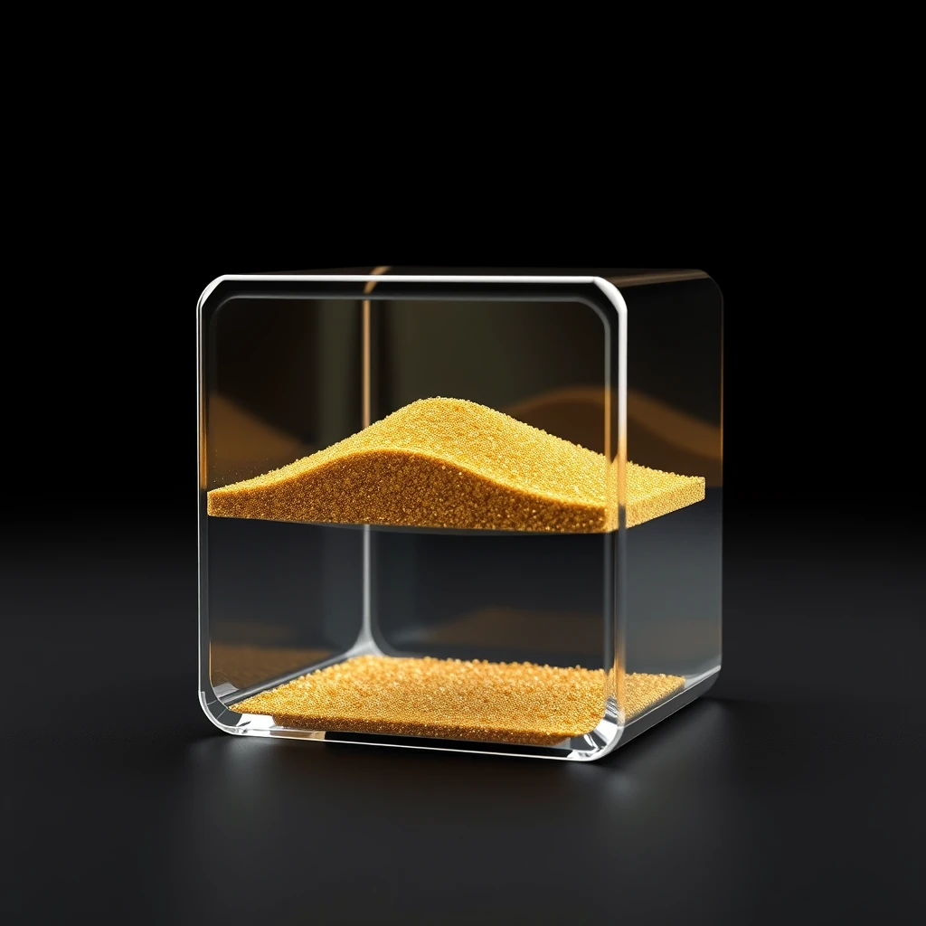 Golden sand particles. Transparent glass cube, golden sand particles inside. The glass cube contains a mini desert inside, made of tiny golden sand particles. Black background color, shiny cube. Futuristic art style.