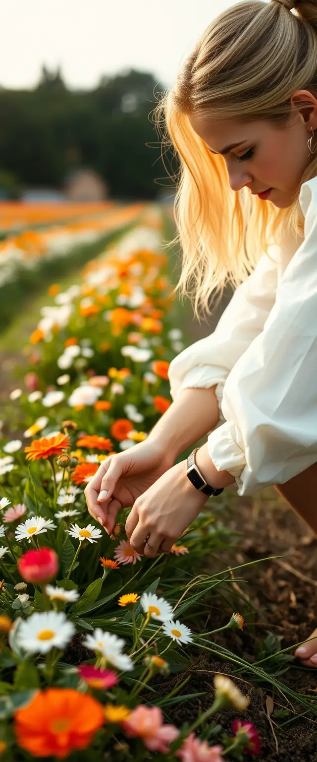 Close up view of White women picking flowers from the ground.