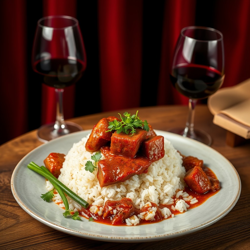 A highly detailed and sharp image of a plate of rice with braised pork belly in pepper sauce. The dish is beautifully plated with tender pieces of pork belly garnished with fresh herbs and served alongside a portion of rice. The plate is placed on a wooden table. Next to the plate, there is a glass of red wine. The background features dark areas with rich red drapes, creating a contrast that highlights the vibrant colors and textures of the dish. The overall atmosphere is elegant and inviting, capturing the intricate details of the meal and the dining setting. - Image