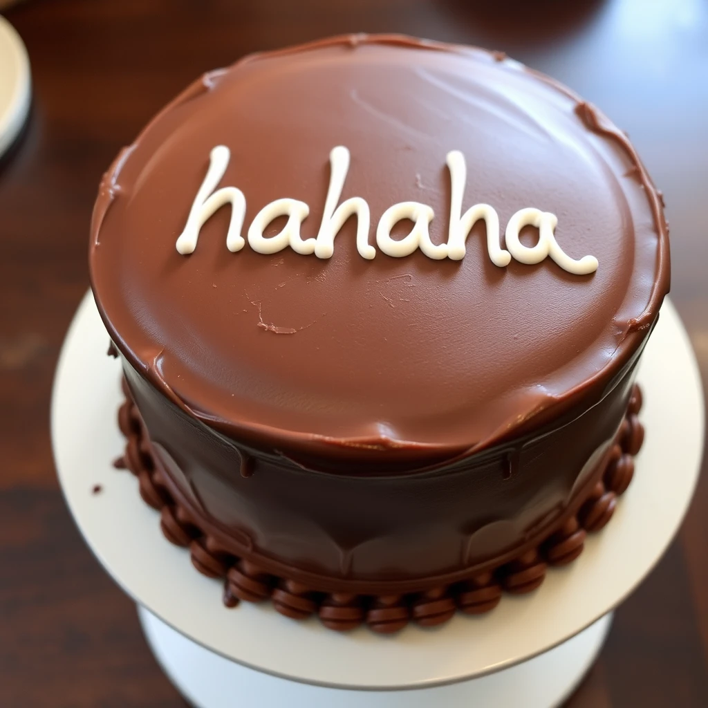 A chocolate cake with "hahaha" written on top. - Image