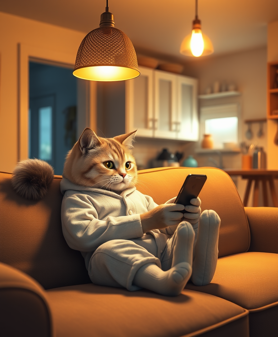 A delightful realistic photo showing a charming anthropomorphic cat dressed in cozy pajamas and lounging on a soft sofa in a dimly lit room. A cat with a fluffy tail and expressive eyes stares intently at his smartphone, immersed in digital content. The warm golden light of the pendant lamp creates a soft glow, fostering a cozy and relaxing atmosphere. In the background, there is a simple kitchen area with cabinets, countertops, and various kitchen utensils, contributing to an atmosphere of comfort and well-being in the house. This charming scene evokes a feeling of serenity and warmth and is ideal for a calm evening or night setting. - Image