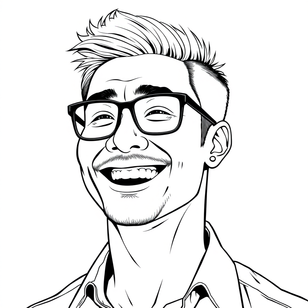 A cool black and white line drawing of a man around 35 years old, with short hair, of Asian descent, wearing black-framed glasses for nearsightedness, a slightly short beard on his chin, dressed in a shirt, with a full face, a strong physique, clean and fresh skin, and laughing joyfully. - Image