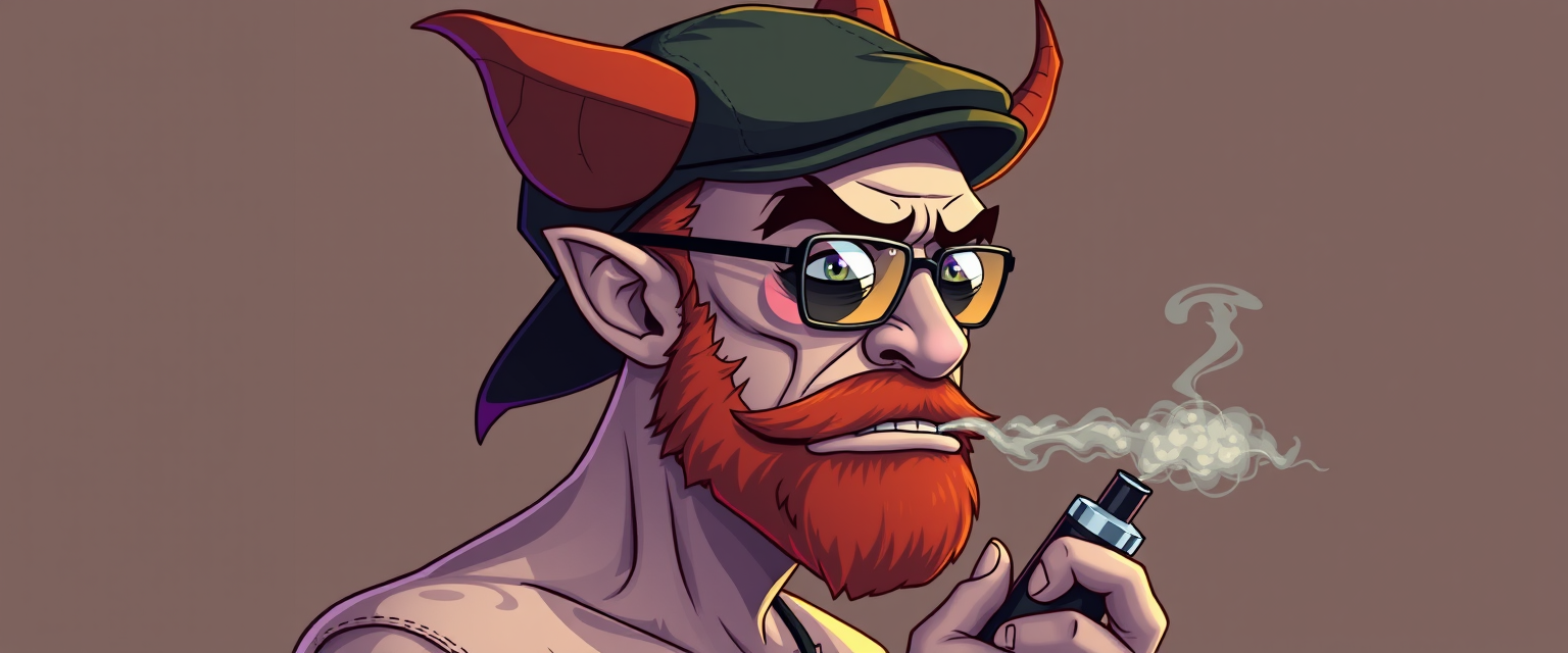 Three-quarter view of a sinister, bald cartoon human male with demonic lich features. Demonic horns, a short fiery ginger beard contrasts with dark eyebrows. Wears a weathered flat cap and reflective aviator glasses. Clutches a sleek vape mod, exhaling dense, swirling vapor clouds. Vibrant e-liquid drips off his pale skin, creating a colorful aura.