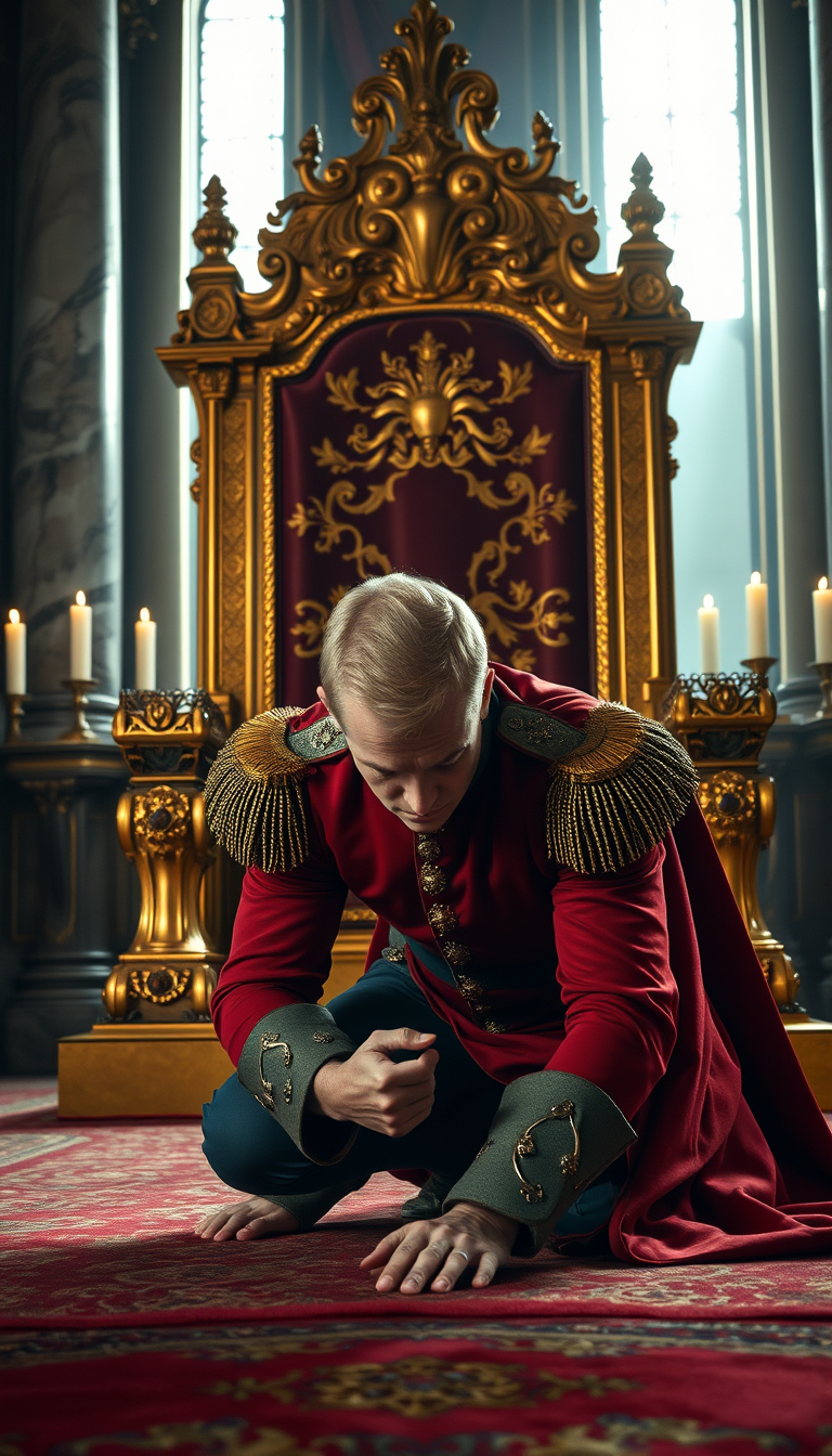 Main Character: A handsome and muscular blond British King with piercing blue eyes, dressed in a meticulously detailed British royal military uniform, is positioned on all fours, his head bowed low to the ground, trembling slightly. His posture conveys a sense of defeat and desperation.

Background: A colossal golden throne, intricately carved with ornate details and shimmering under the soft glow of candlelight, dominates the scene. The throne room is vast and opulent, with towering marble pillars and rich tapestries adorning the walls. A sense of history and power permeates the atmosphere.

Visual Style: The scene should be captured in a professional, cinematic style, reminiscent of historical dramas like "The King's Speech" or "The Crown." The lighting should be dramatic and moody, casting long shadows that emphasize the King's vulnerability and the imposing presence of the throne. The color palette should be rich and regal, with deep reds, golds, and blues dominating the scene. The overall composition should create a sense of tension and drama, highlighting the King's internal struggle and the weight of his responsibilities. The image should be sharp and detailed, showcasing the textures of the King's uniform, the intricate carvings on the throne, and the opulent surroundings. - Image