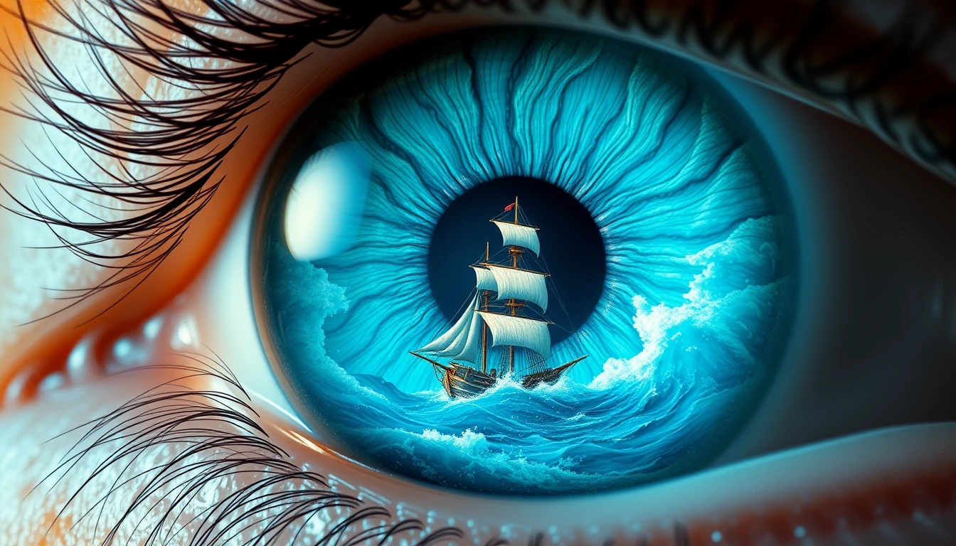 'Within the mesmerizing depths of an azure iris, a three-masted galleon braves the tempestuous tides, its masts straining against currents of aquamarine and foam that swirl through the pupil's vortex.' - Image