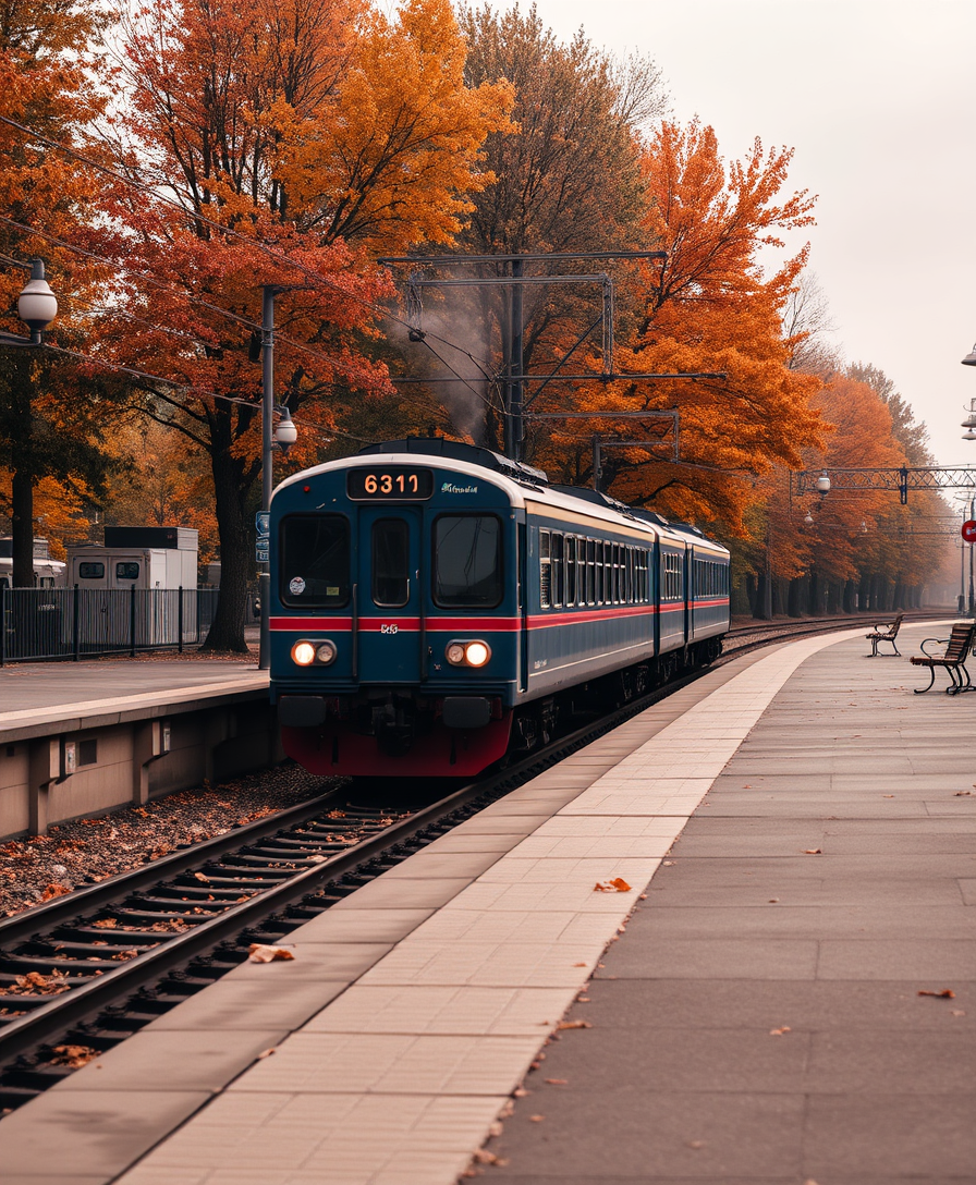 Train arriving at the station, autumn, nostalgia. - Image