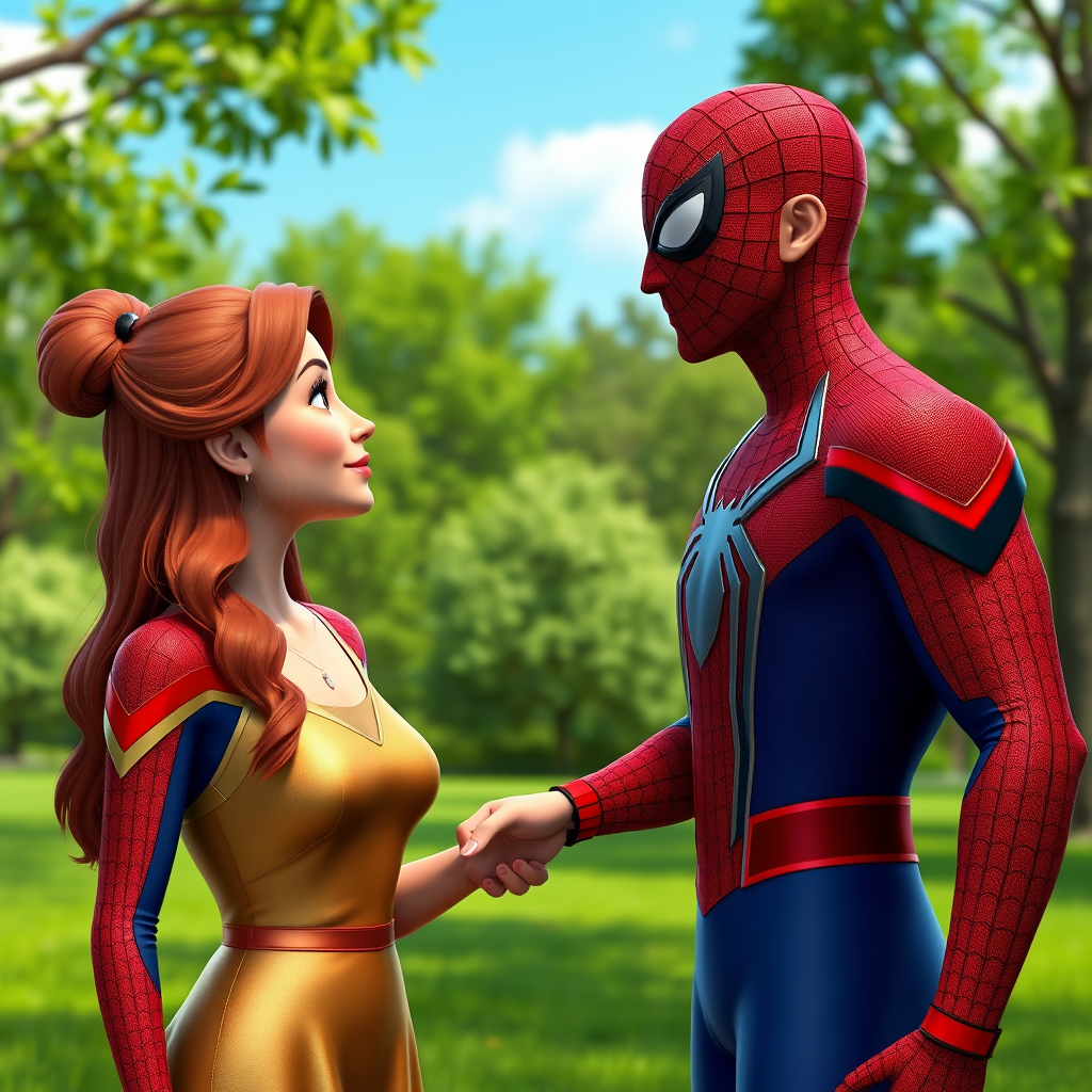 Spiderman with his attractive wife who has long hair at the park, 2D render, full-body view, green nature background with a blue sky, his wife wearing a golden dress, both looking at each other.