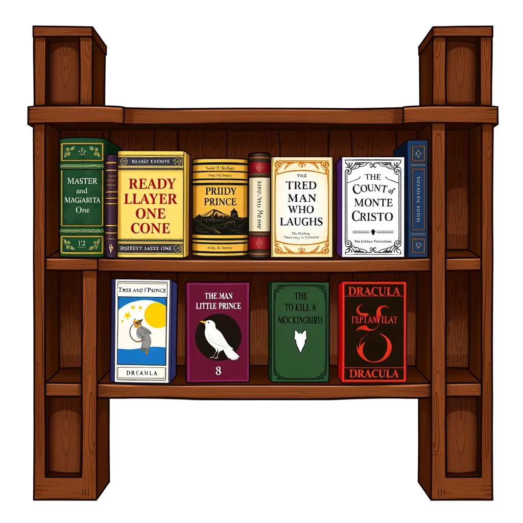 Illustration of a beautiful wooden bookcase filled with 7 books with these titles: "1. Master and Margarita; 2. Ready Player One; 3. The Man Who Laughs; 4. Pride and Prejudice; 5. The Little Prince; 6. The Count of Monte Cristo; 7. To Kill a Mockingbird; 8. Dracula". Detailed, realistic.