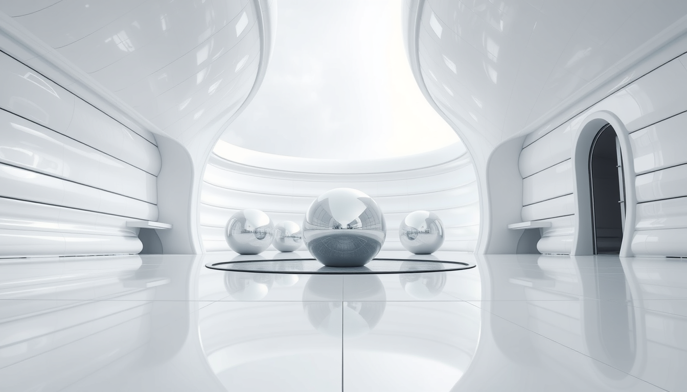 An eye-level, wide-angle shot of a fantasy, futuristic, and alien architectural square that features horizontally and vertically curved structures covered in white metallic reflective material. In the background, there are a few spherical silver objects with reflective, metallic surfaces that resemble large, smooth capsules. These objects are positioned on a sleek, ultra-white shiny floor that reflects their surfaces. The focus is the sleek horizontally and vertically curved architecture covered in white metallic reflective material and a water feature. The mood is serene and cool, bursting with futuristic creativity.