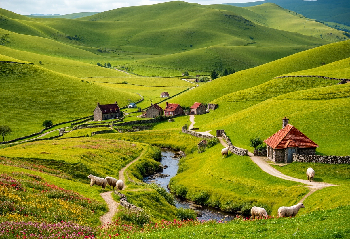 Rolling, green hills, pastoral, idyllic, countryside, meandering streams, vibrant wildflowers, grazing livestock, picturesque, high quality, photorealistic::0.7 ancient stone cottages, winding pathways, charming, peaceful, rural farmhouses, straw bales, grazing sheep.