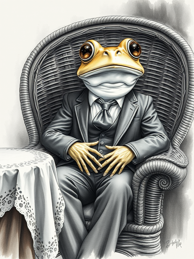 In this mesmerizing watercolor painting, an anthropomorphic frog exudes sophisticated elegance as it sits in a wicker chair, hands gracefully resting on its lap. The frog's intricate fine linework, expressive eyes, and vintage charm draw inspiration from the artistic genius of Damien Hirst, Quentin Blake, Alberto Vargas, and Zdzislaw Beksinski. Dressed in an exquisite suit, shirt, tie, and trousers, this enchanting amphibian embodies the essence of old-world sophistication. A lace-clothed side table adds to the scene's charm, while the monochromatic color scheme, detailed shading, and textures of the frog's skin and attire create a spellbinding, one-of-a-kind character portrait. This captivating work of art seamlessly blends elements, painting, anime, dark fantasy, illustration