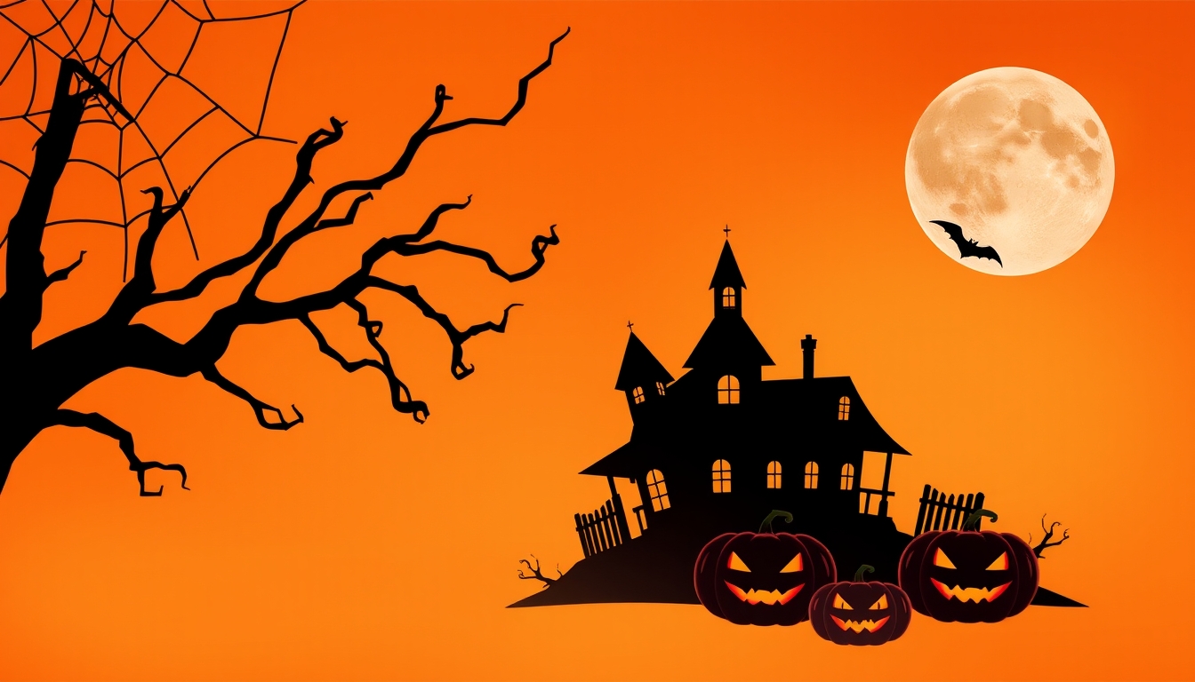 Halloween background with black silhouette of haunted house, spider web, and pumpkins on orange background.