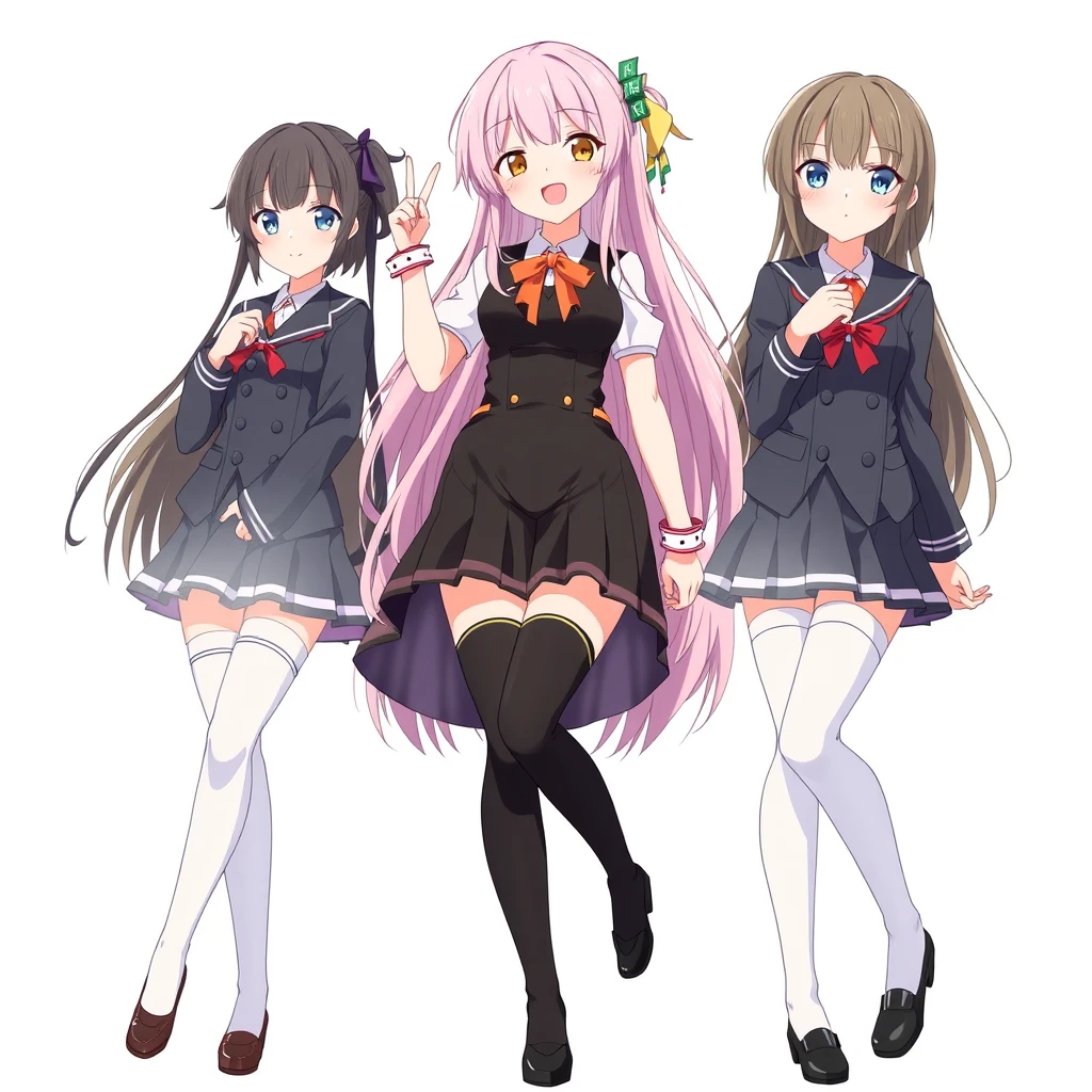 Japanese animation featuring three female characters wearing white and black stockings. - Image