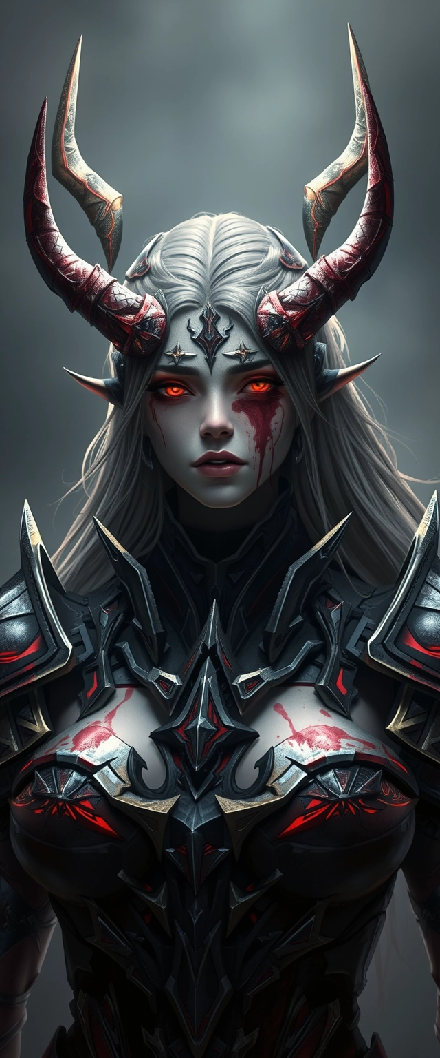 An image of a woman with horns and blood on her face, standing in front, a very beautiful berserker woman, Diablo 4 queen, female character, female lead character, beautiful necromancer girl, holy cyborg necromancer girl, Diablo 4 Lilith, beautiful crying female android!, crying beautiful female android!, beautiful girl necromancer, ArtStation trending, beautiful cyborg priestess, after a battle, waifu, epic character art, femshep, but the armor covers her face, beautiful girl cyborg, beautiful cyberpunk girl face, black scars on her face.