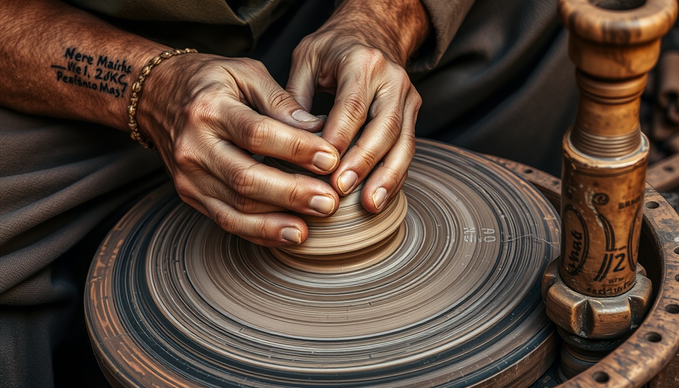 A close-up of a craftsman's hands meticulously shaping a piece of pottery on a spinning wheel, with earthy tones and rich textures.