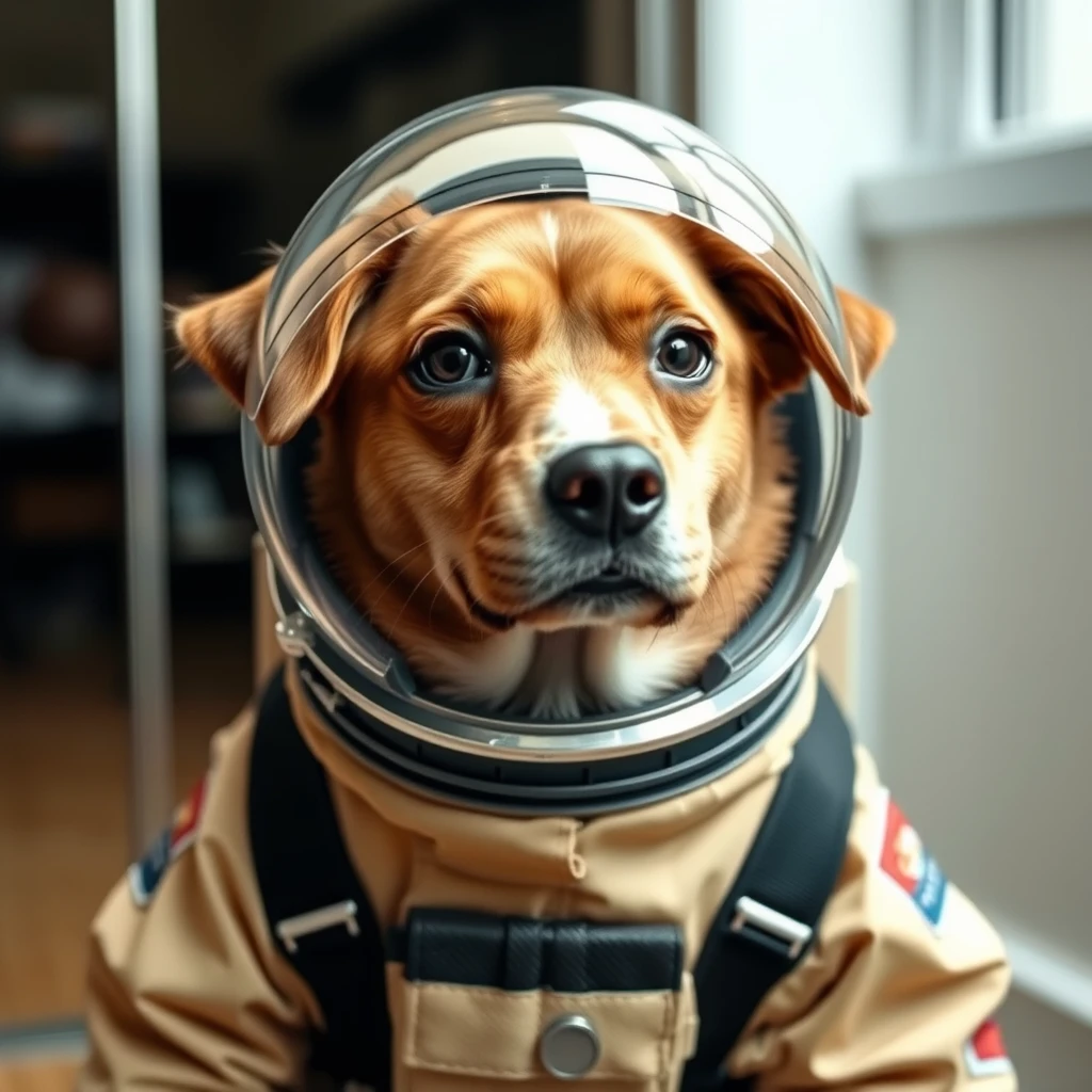 A dog wearing a spacesuit. - Image