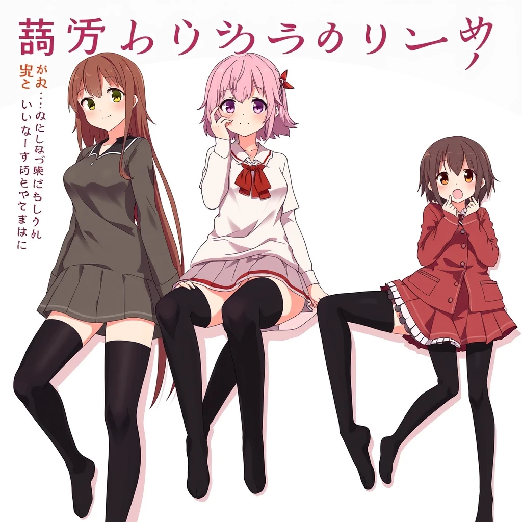 Japanese animation featuring three female characters wearing black stockings.