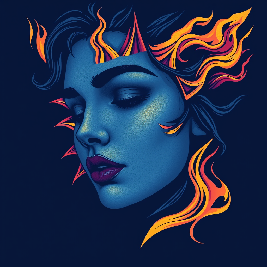 A tee shirt design featuring a close-up of a woman's face, inspired by the sun. It should convey a feeling of passion with whipping flames as accents, yet have a cool, almost melancholic color palette. Think deep blue possibly with hints of purple; the overall design should appear soulful—like a deep, passionate, soulful embodiment of the sun. - Image