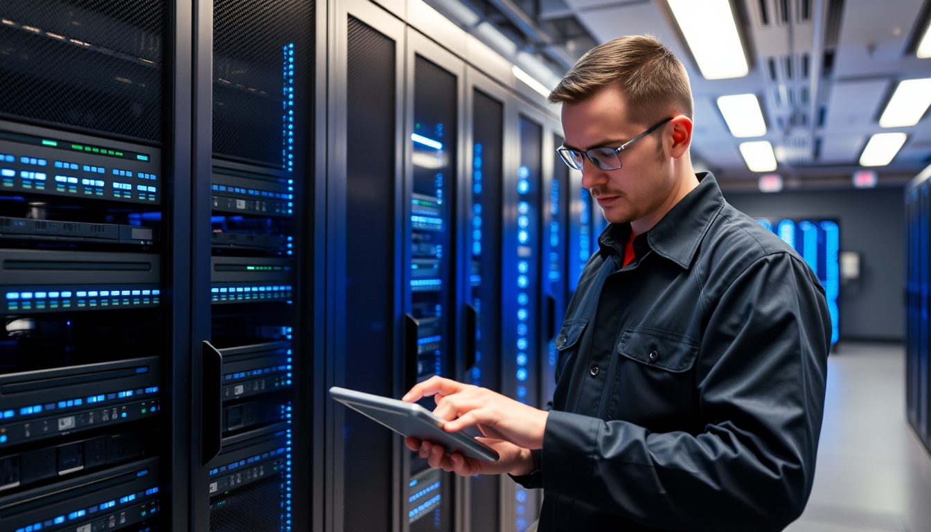 Technician inputting data on digital tablet in a modern server room with high-tech equipment and blue LED lights, focused on network maintenance and IT infrastructure management.