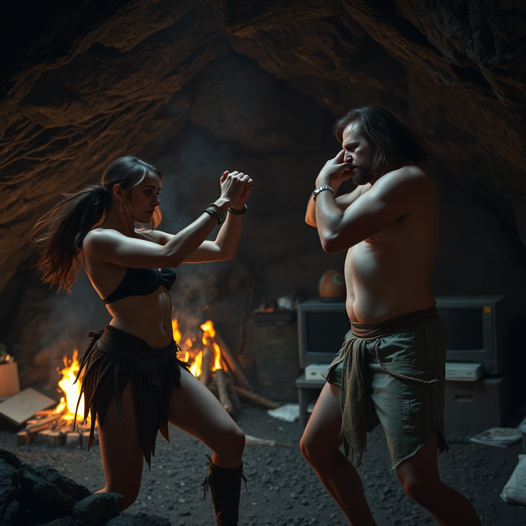 Real-life photography: At night, in the cave, there is a female barbarian and a frail, weak short male barbarian. The cave is very large, with a bonfire, a 90s desktop computer, and some messy household items. The female barbarian is swinging her fist to hit his abdomen, while he is using his hands to protect his head. - Image